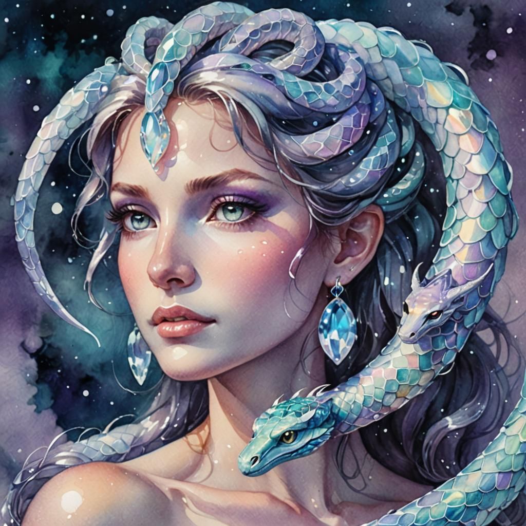 Crystal Serpent Priestess in Watercolor Fantasy Style