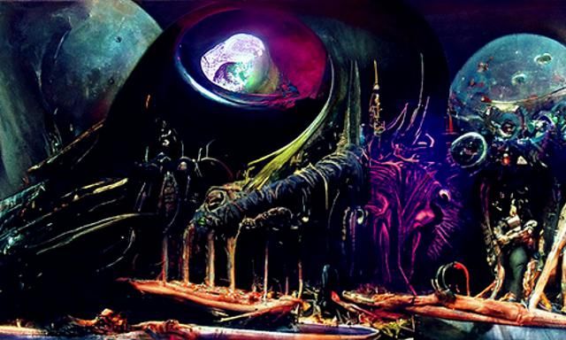 Lovecraftian Creature in Cyberpunk Gothic Sci-Fi Landscape