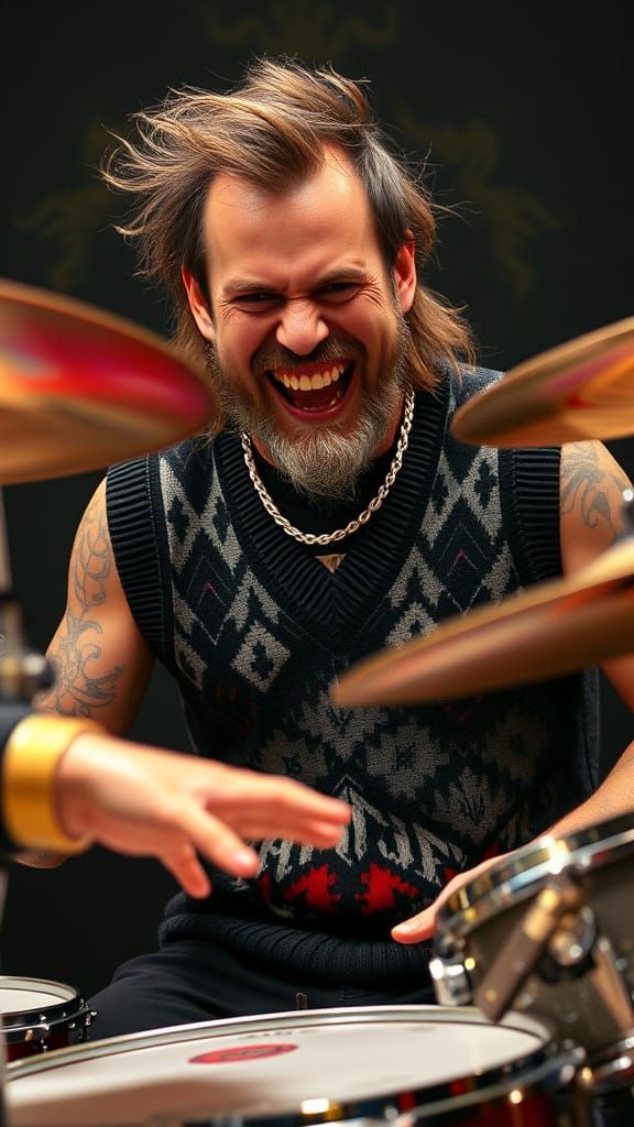 Aggressive Metal Drummer in Psychedelic Sweater Vest