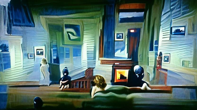 Ghostly Figure Watching Home Movies, Oil Painting Style