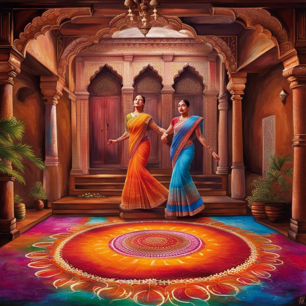 Indian Women Dancing by Rangoli, Matte Painting