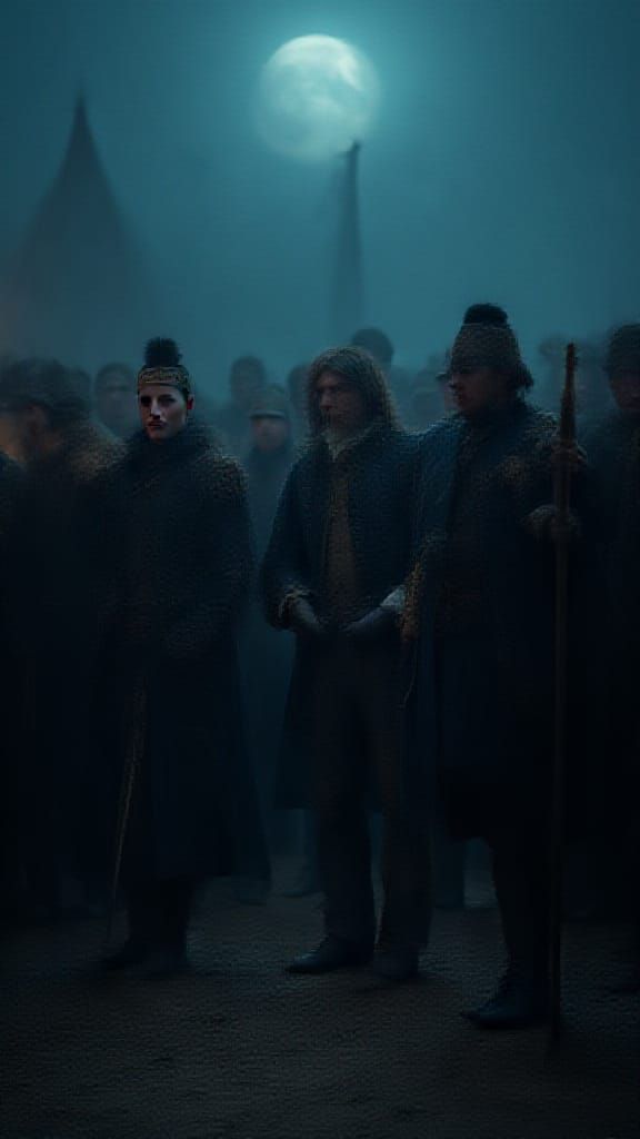 Moonlit Military Confrontation in 18th-Century Encampment