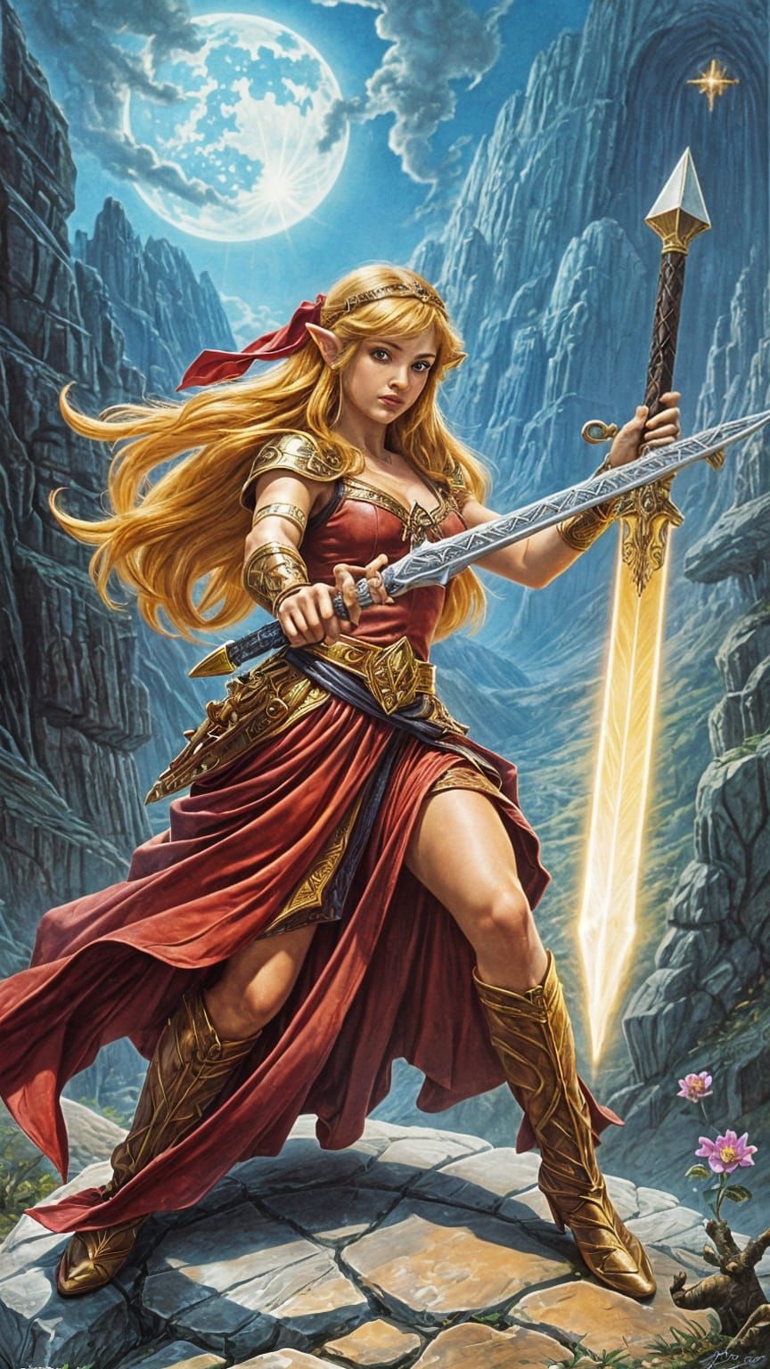 Zelda in Heroic Action Pose, Fantasy Art Style