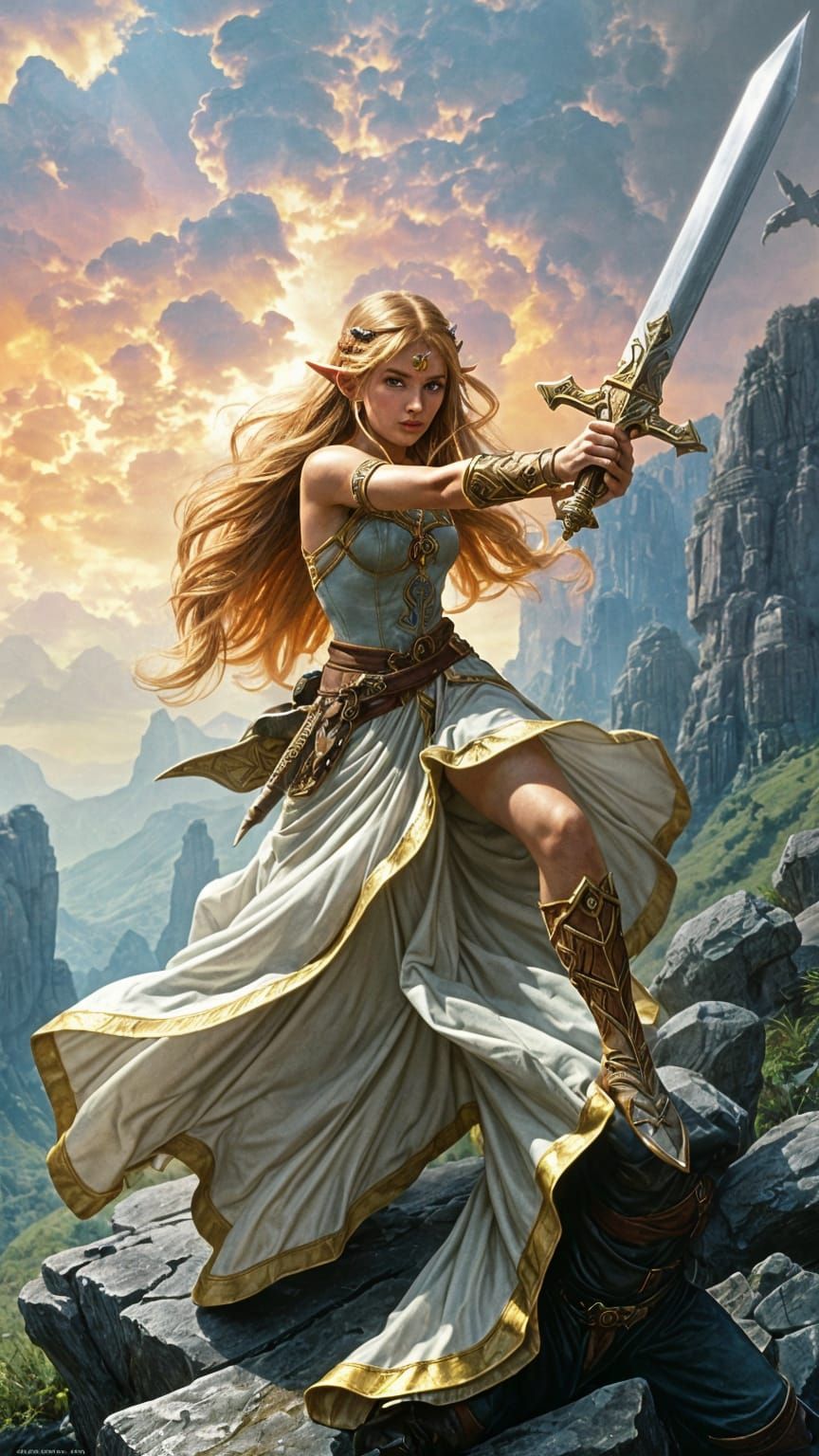 Princess Zelda Wielding Master Sword in Fantasy Landscape