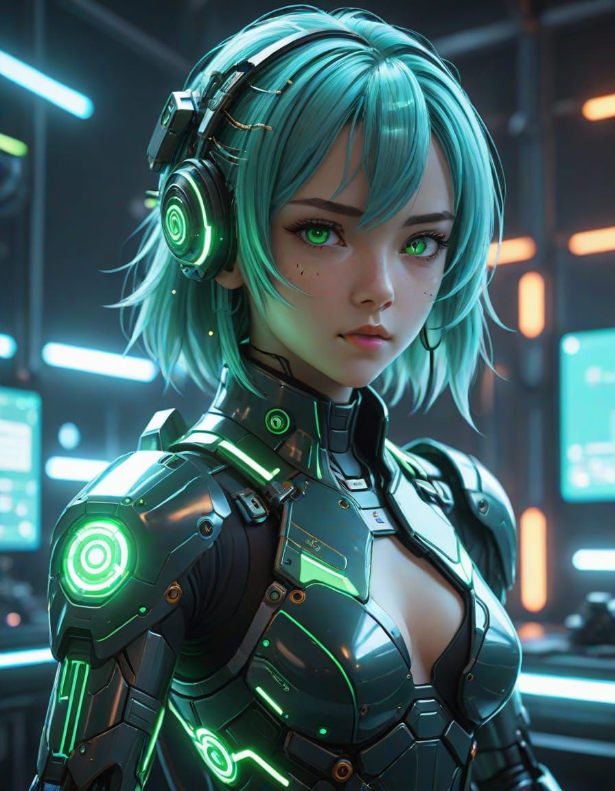 Cyberpunk Android Goddess in Neon Laboratory
