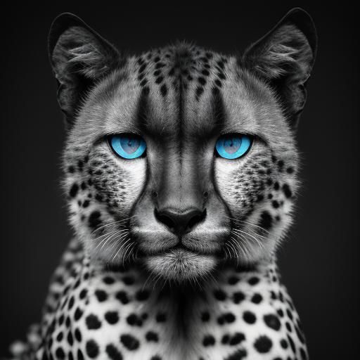 A black cheetah with blue eyes.