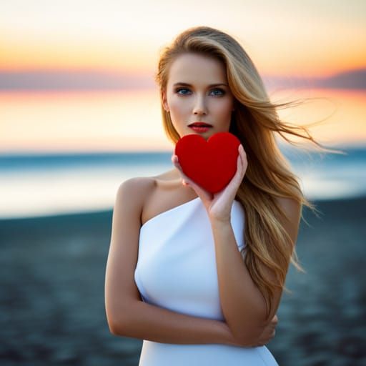 Blonde Woman on Beach with Heart, Professional Photography