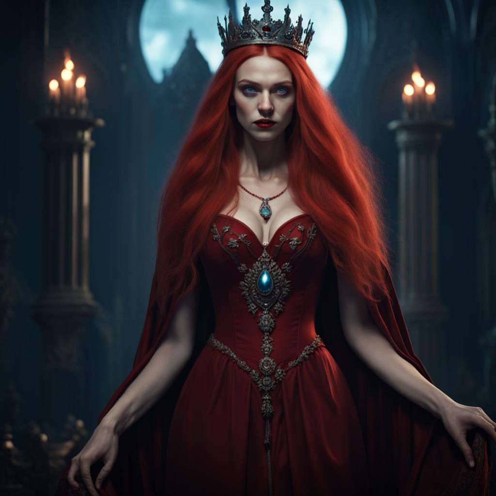 Hyperrealistic Vampire Woman in Dark Red Dress