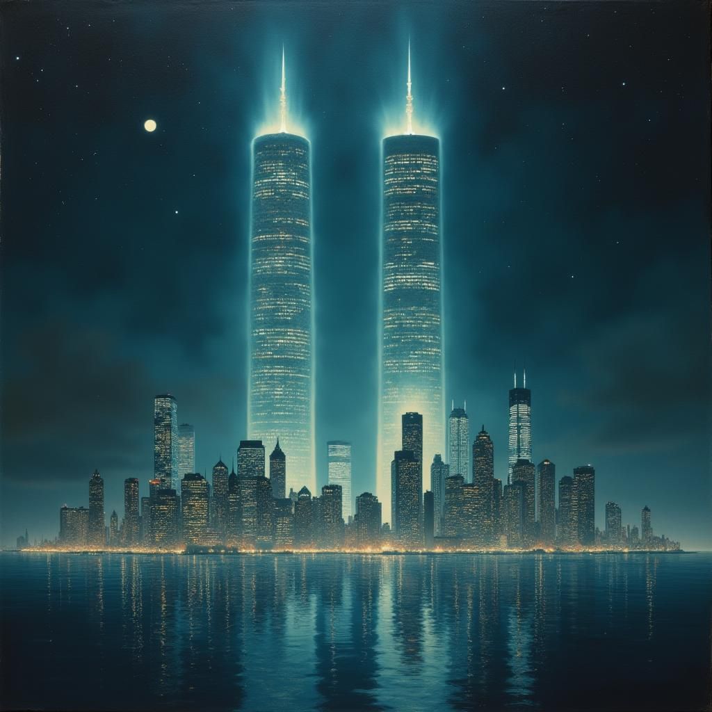 Two colossal and eerie silhouettes of the Twin Towers Translucent as towering structures in a ghostly form, shrouded in ...