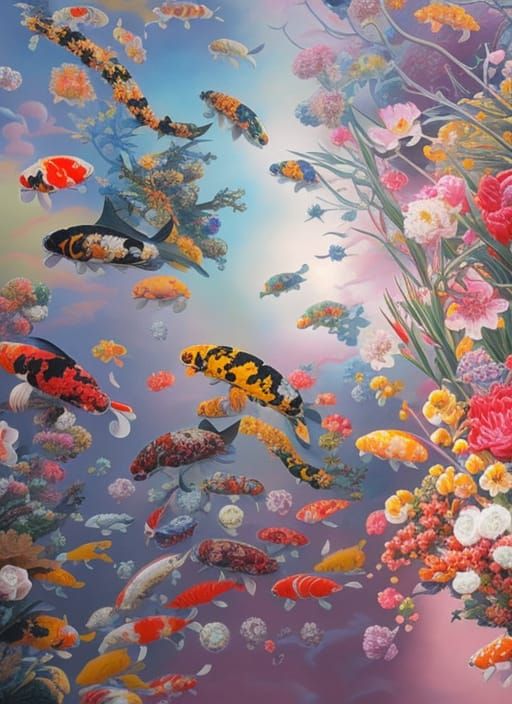 Surreal Anatomical Forms in Alien Koi Landscape