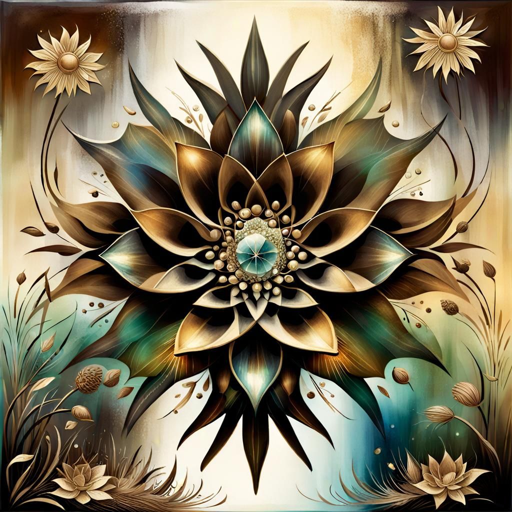 Surreal Sepia Botanical Illusion with Iridescent Shimmer