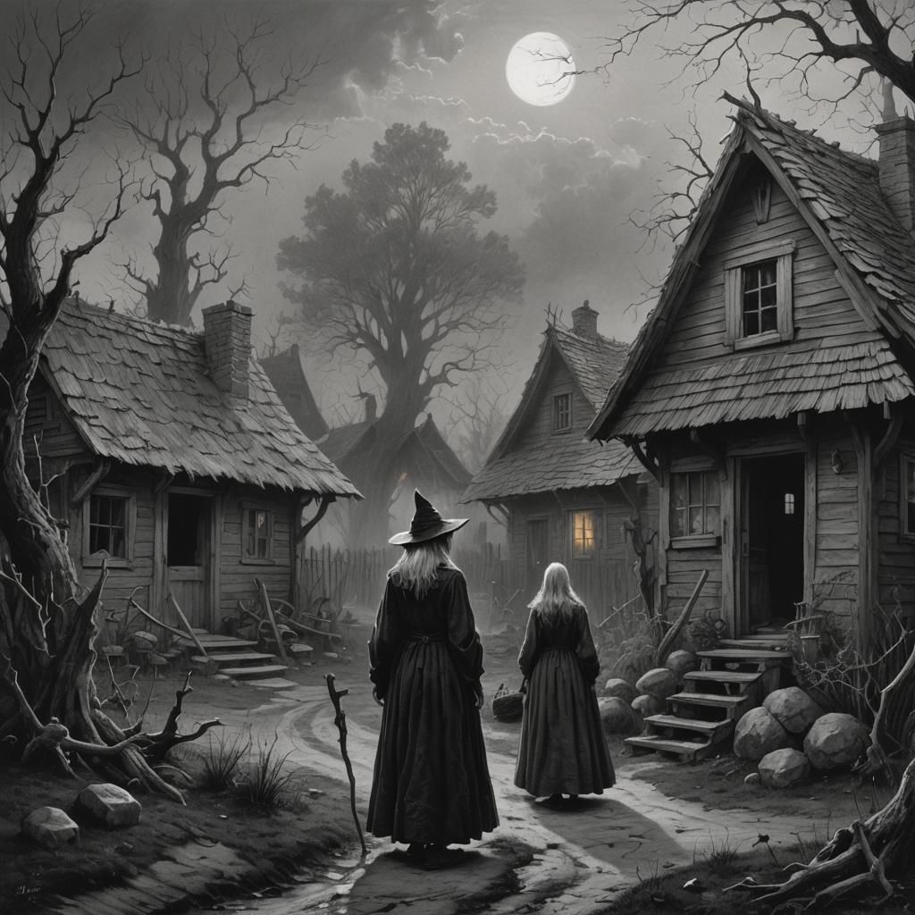 Scary Witch in Cottage: Black and White Horror