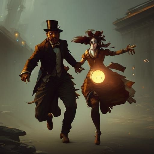 Steampunk Couple Running from Spectre, Digital Art