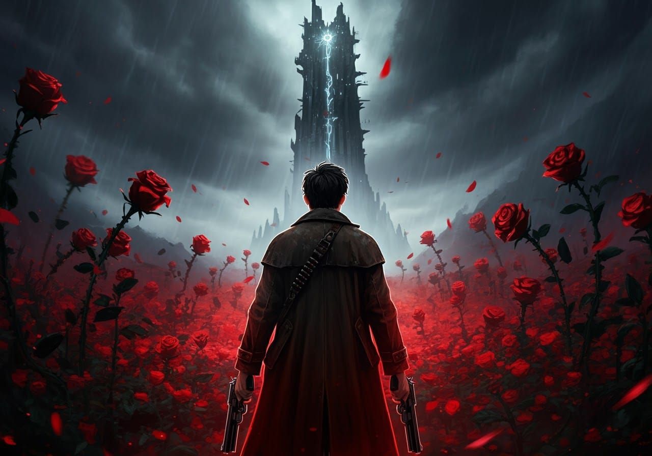 Gunslinger at the Dark Tower with Red Roses