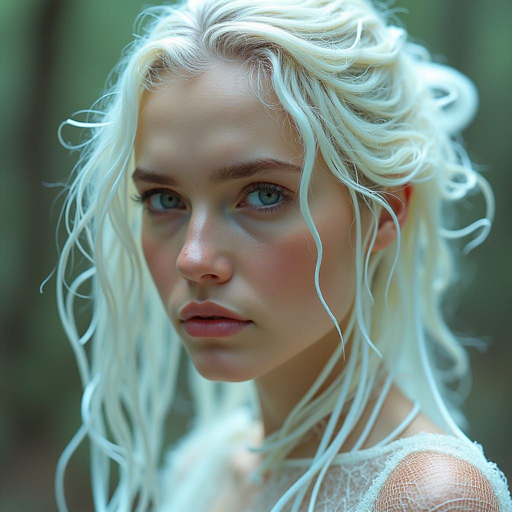 Flying Woman with Yellow Eyes in Watercolor Forest