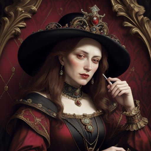 Queen of Hearts Asks About Pencil in Chiaroscuro Oil Paintin...