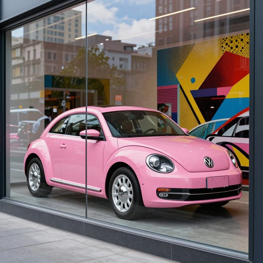 Pink Volkswagen Beetle Reflects in Modern Storefront