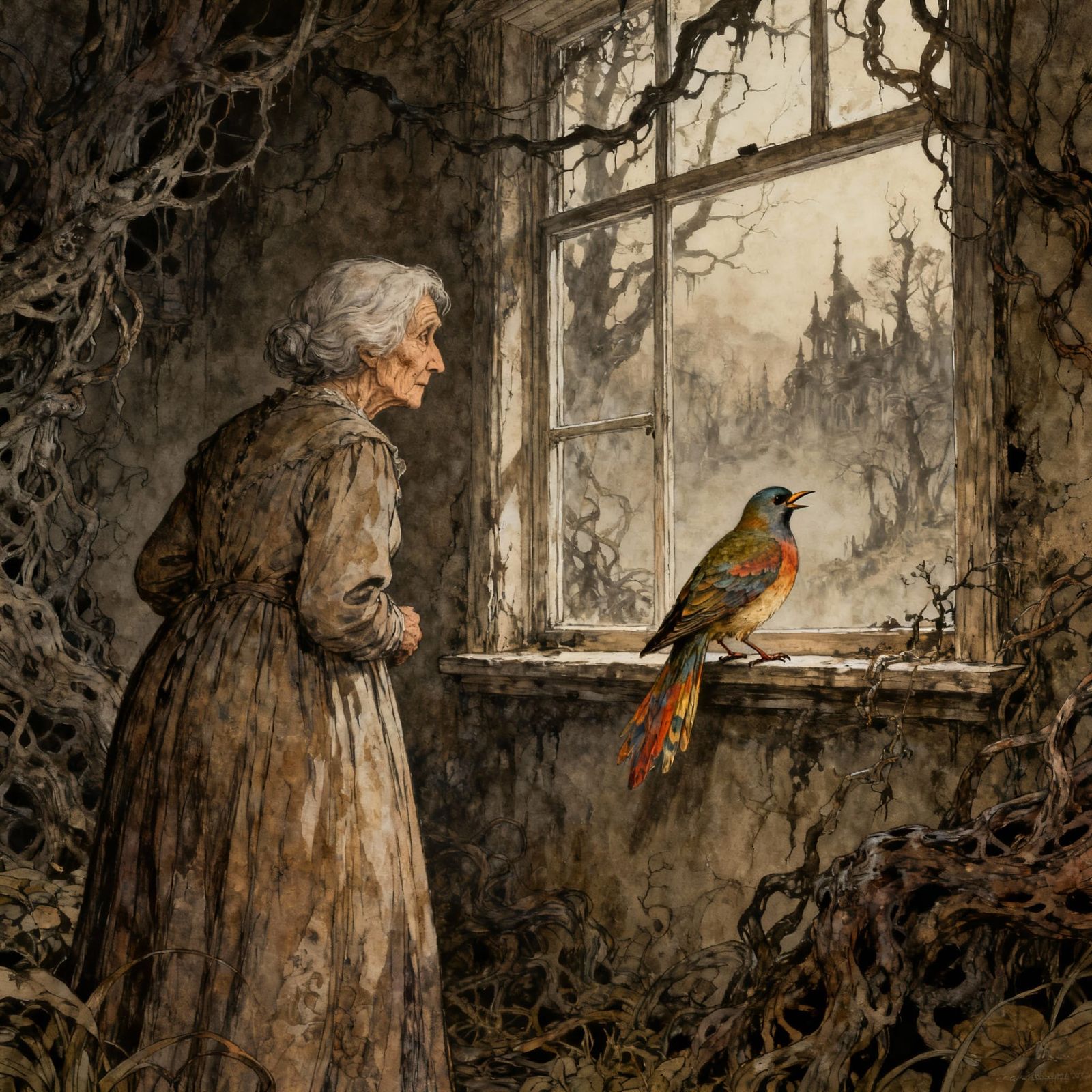 Lonely Woman and Vibrant Bird in Eerie Landscape