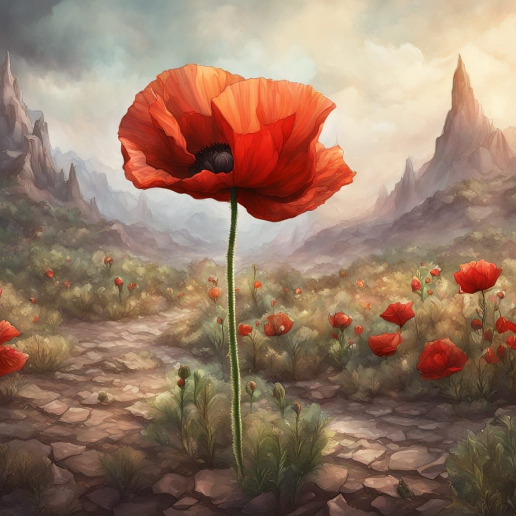 Vibrant Poppy Emerges from Cracked Earth Digital Painting