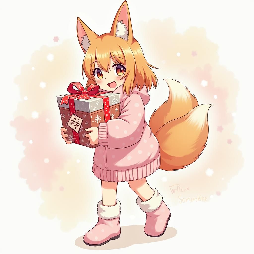 Anime Fox Girl with Christmas Gift, Manga Style