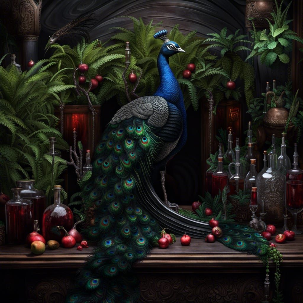 Fantastical Black Peacock with Pomegranates, Detailed Matte ...