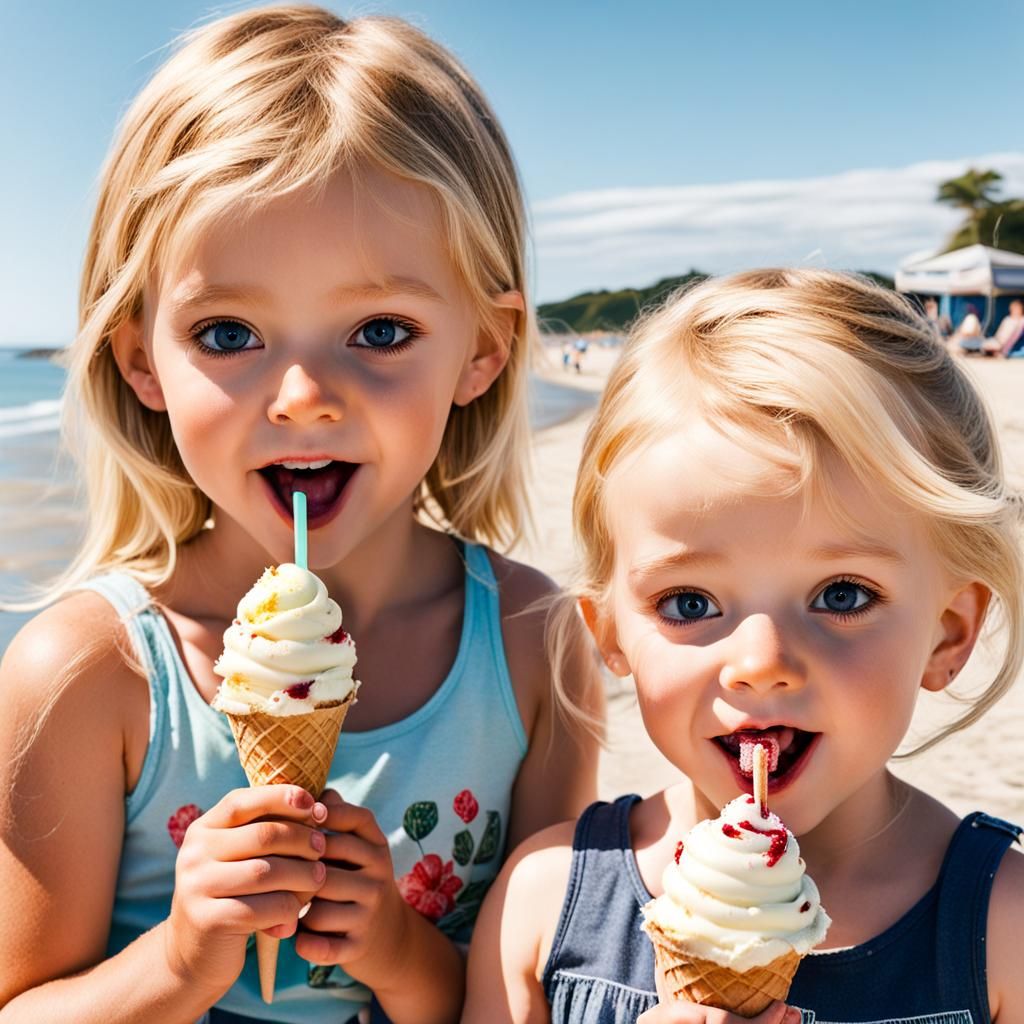 Children's Beach Day: Siblings Enjoying Ice Cream