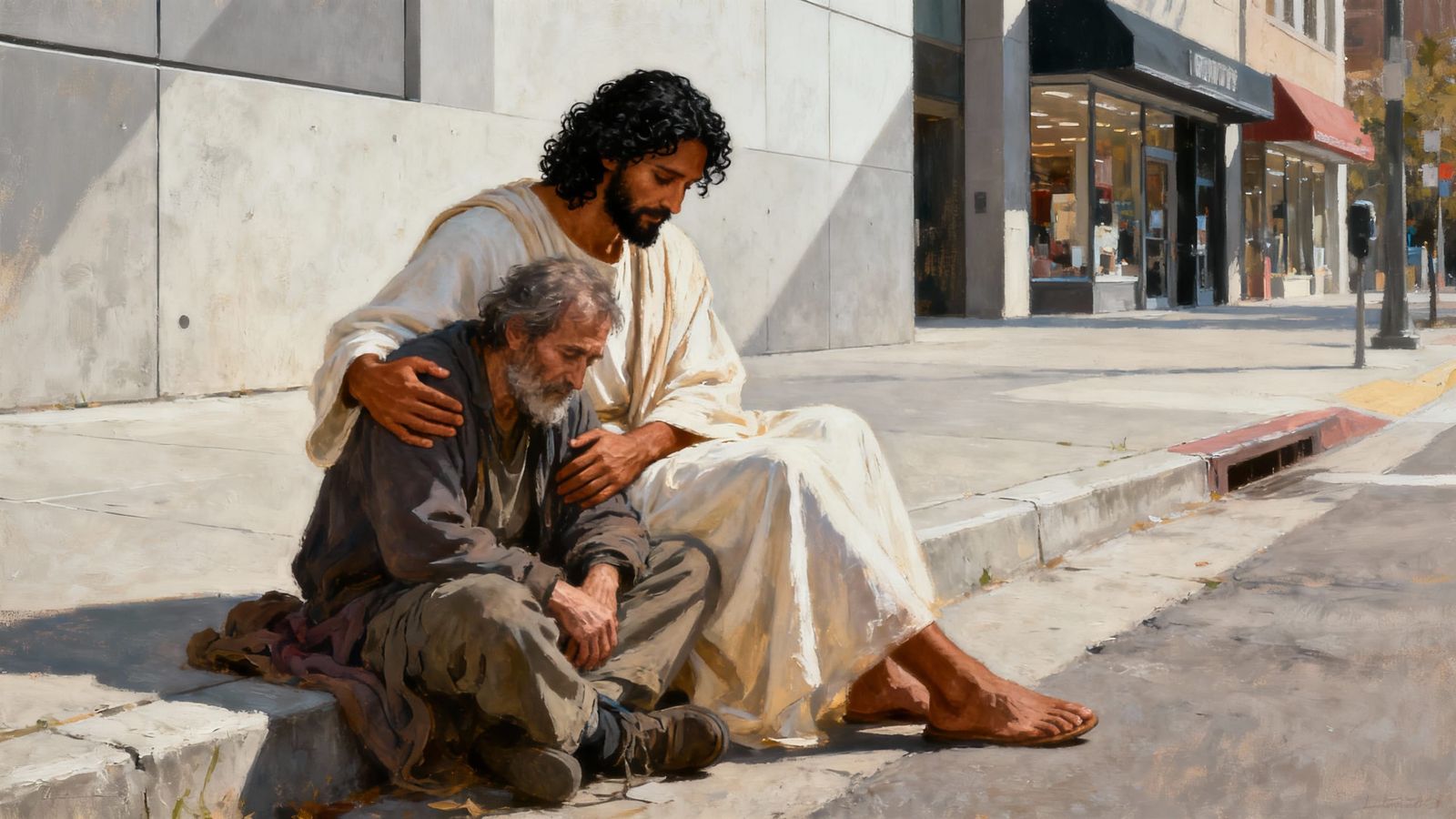 Jesus Comforts Homeless Man in Modern City