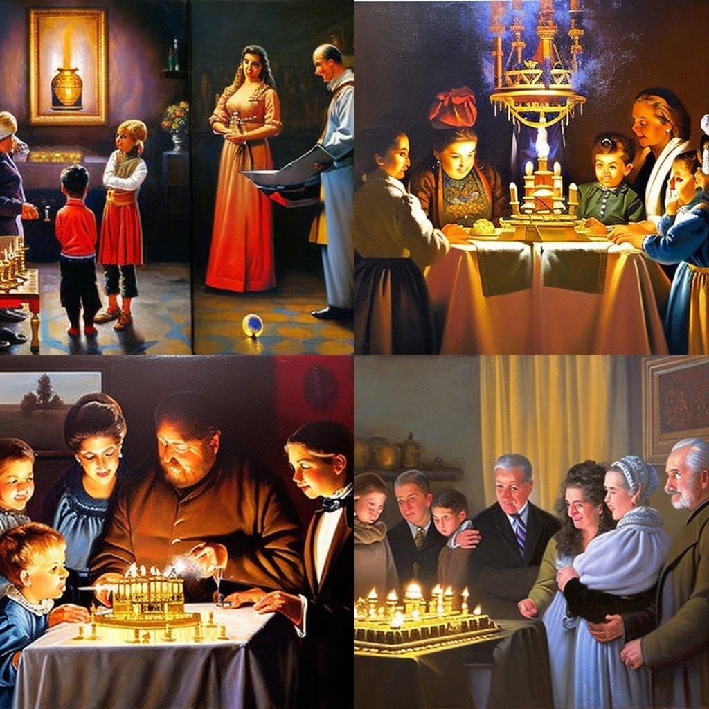 Family Observes Hanukkah Menorah: Oil Painting