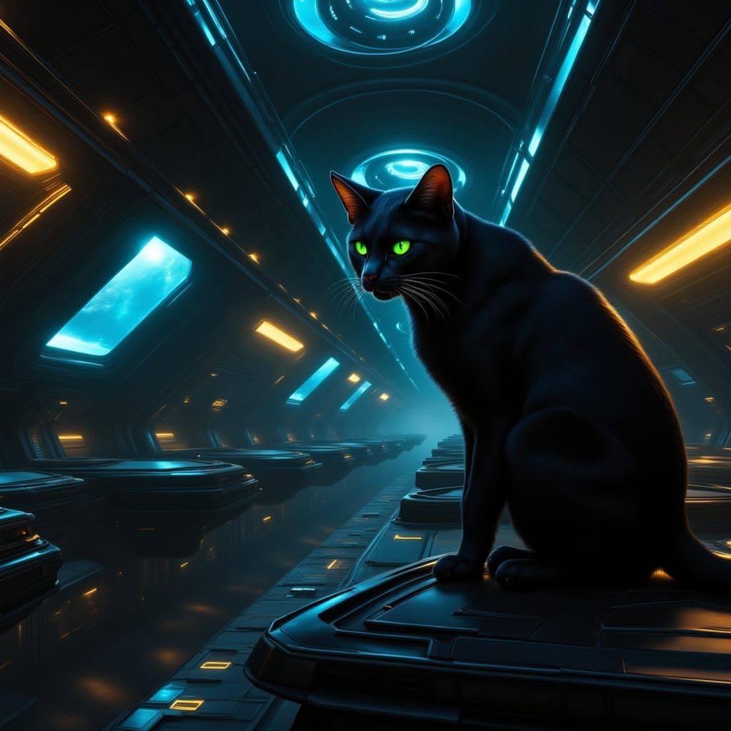Eerie Feline Overlord in Alien Corridor
