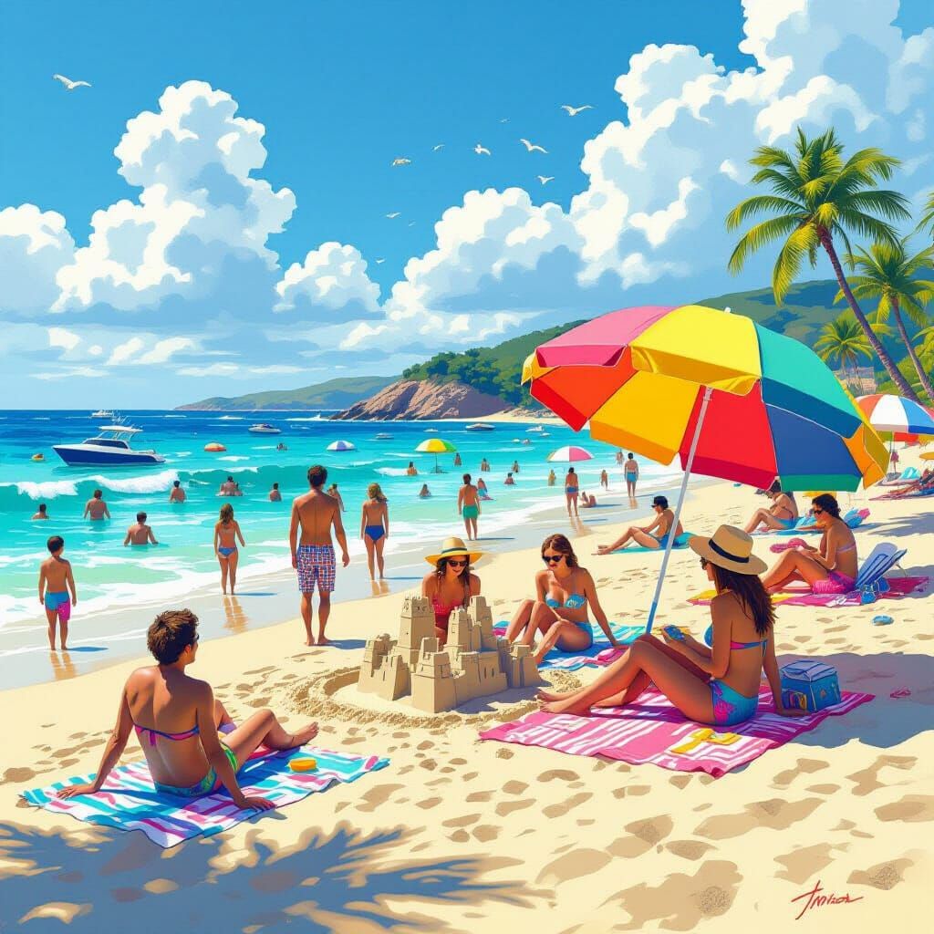 Hyper-Realistic Beach Scene with Tourists