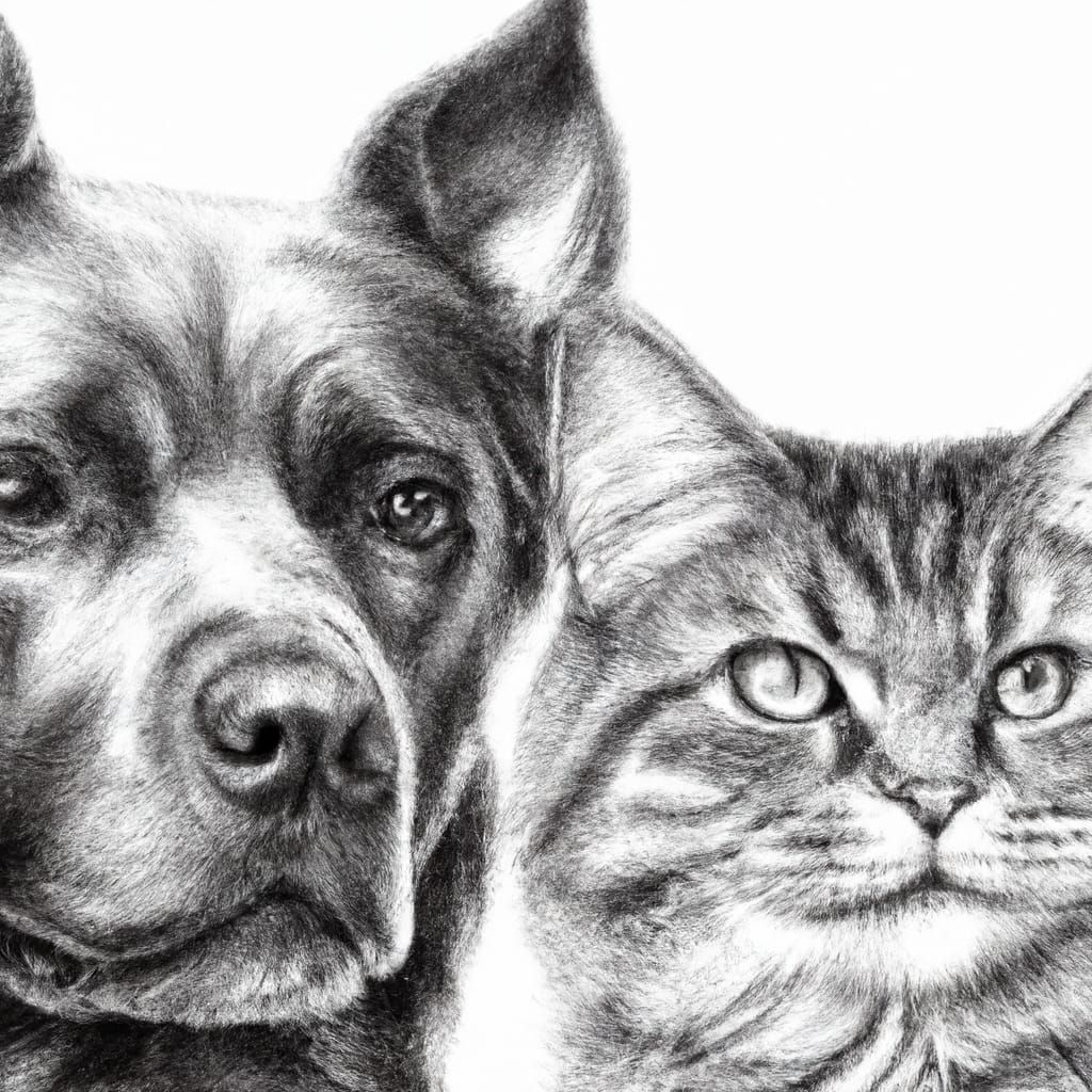 Charming Dog and Cat Portrait in Pencil Sketch