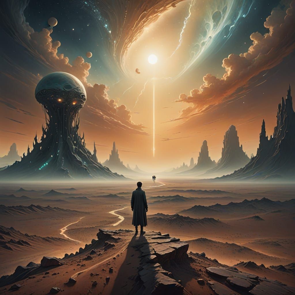 Lone Figure Reaching for Ethereal Horizon in Surreal Landsca...