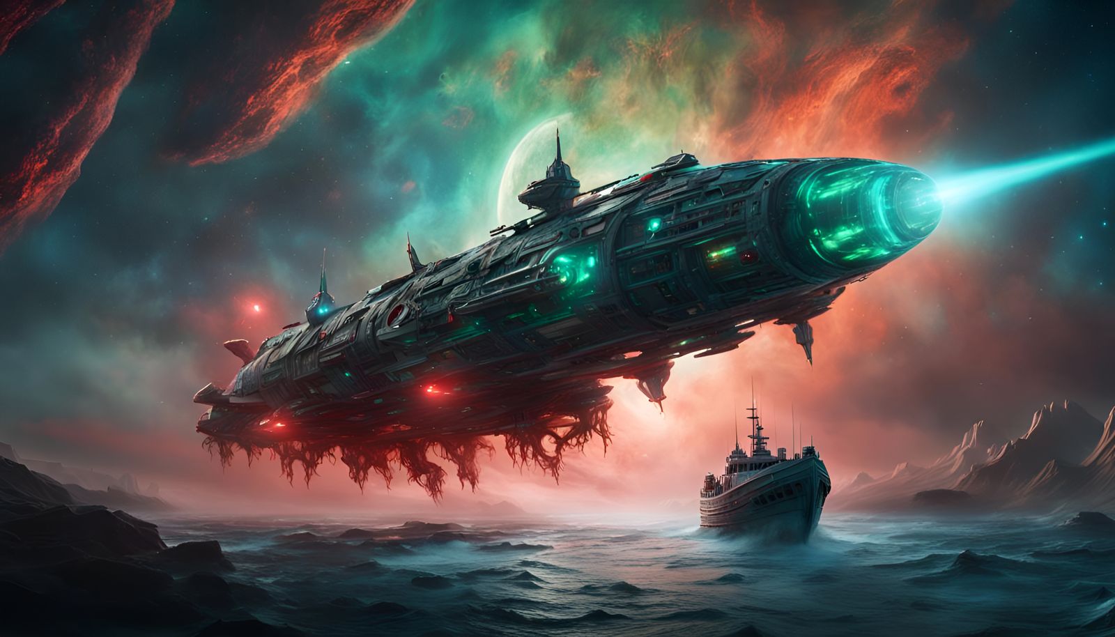 Phantom Spaceship Attacked by Space Octopus in Nebula