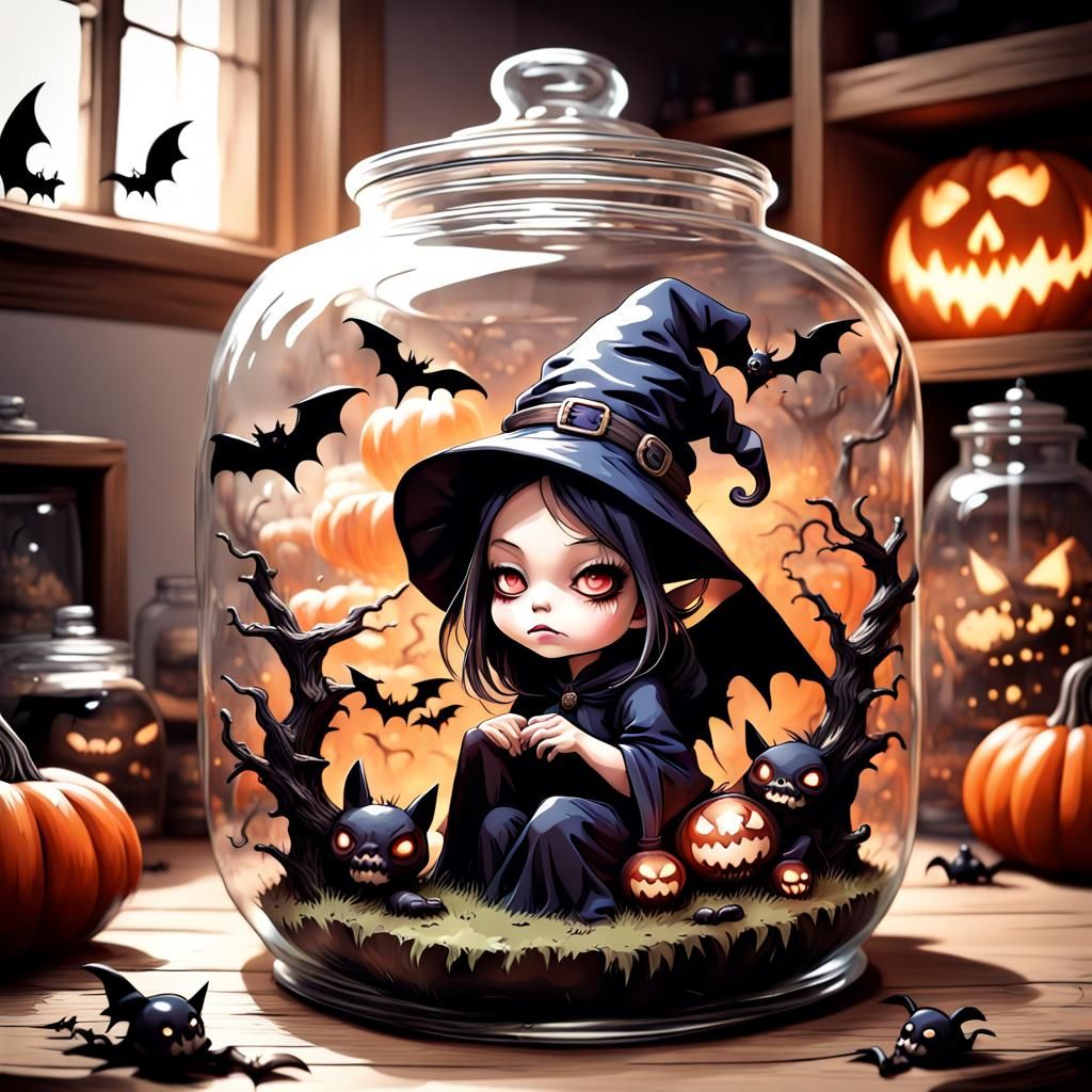 Chibi Witch and Village in Glass Jar: Surreal Digital Art