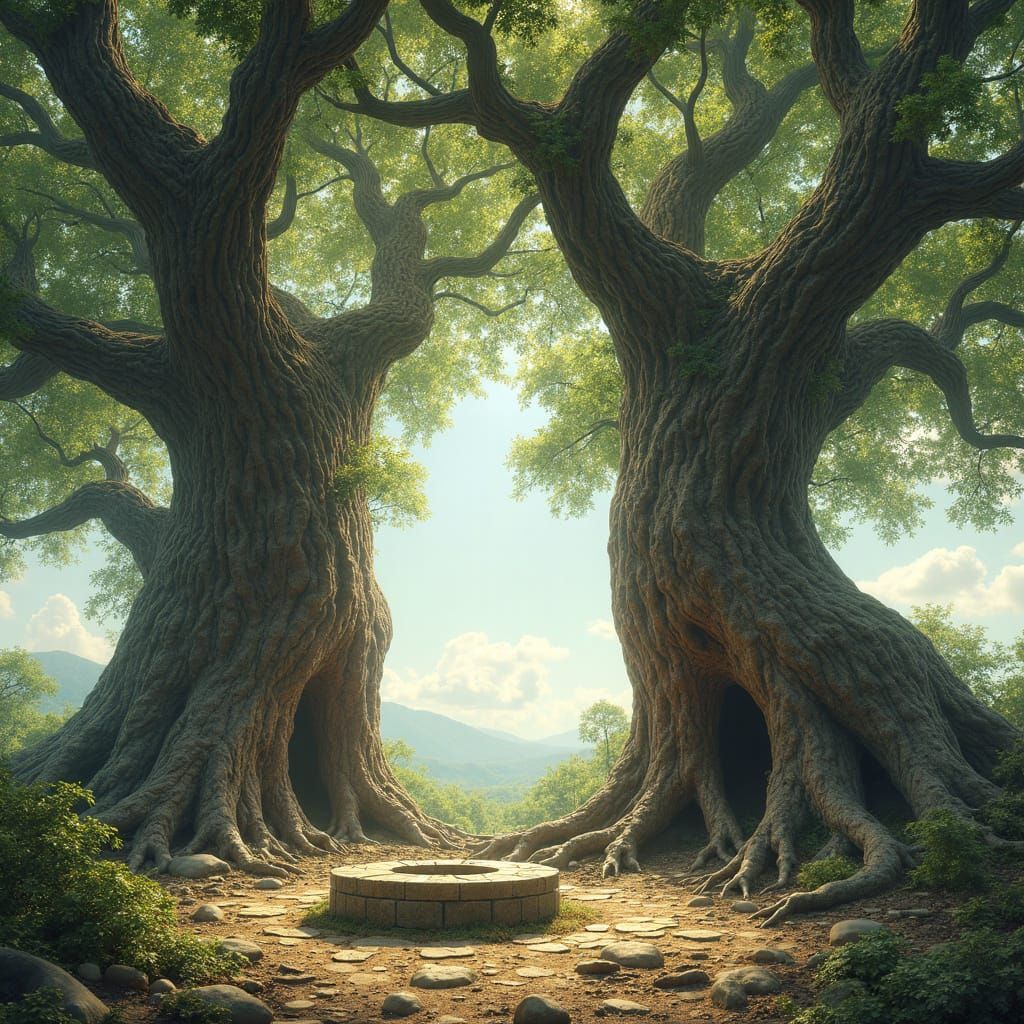 Majestic Entwined Oak Trees Portal in Fantasy Style