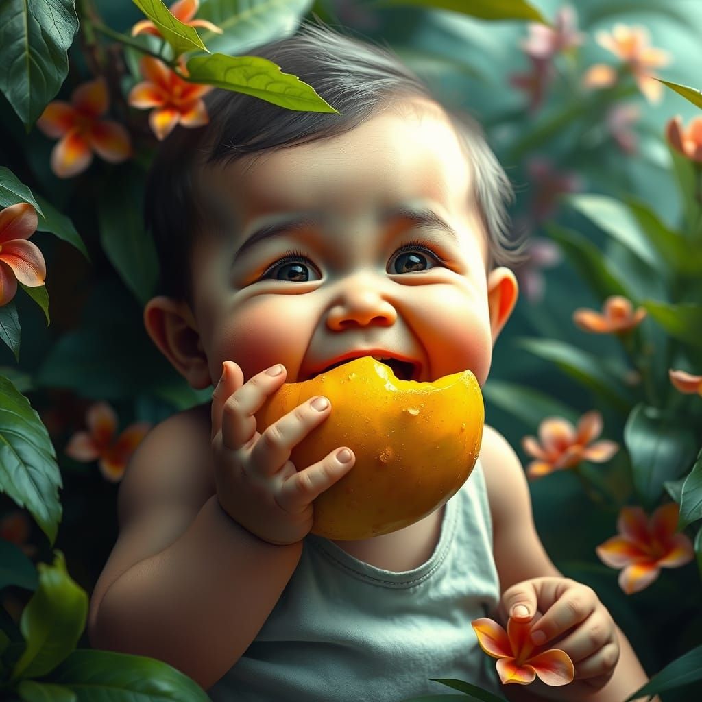 Chubby Boy Devours Juicy Mango in Vibrant Fantasy Landscape