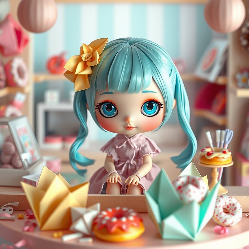 Blythe Doll Surrounded by Whimsical Origami and Donuts in a ...