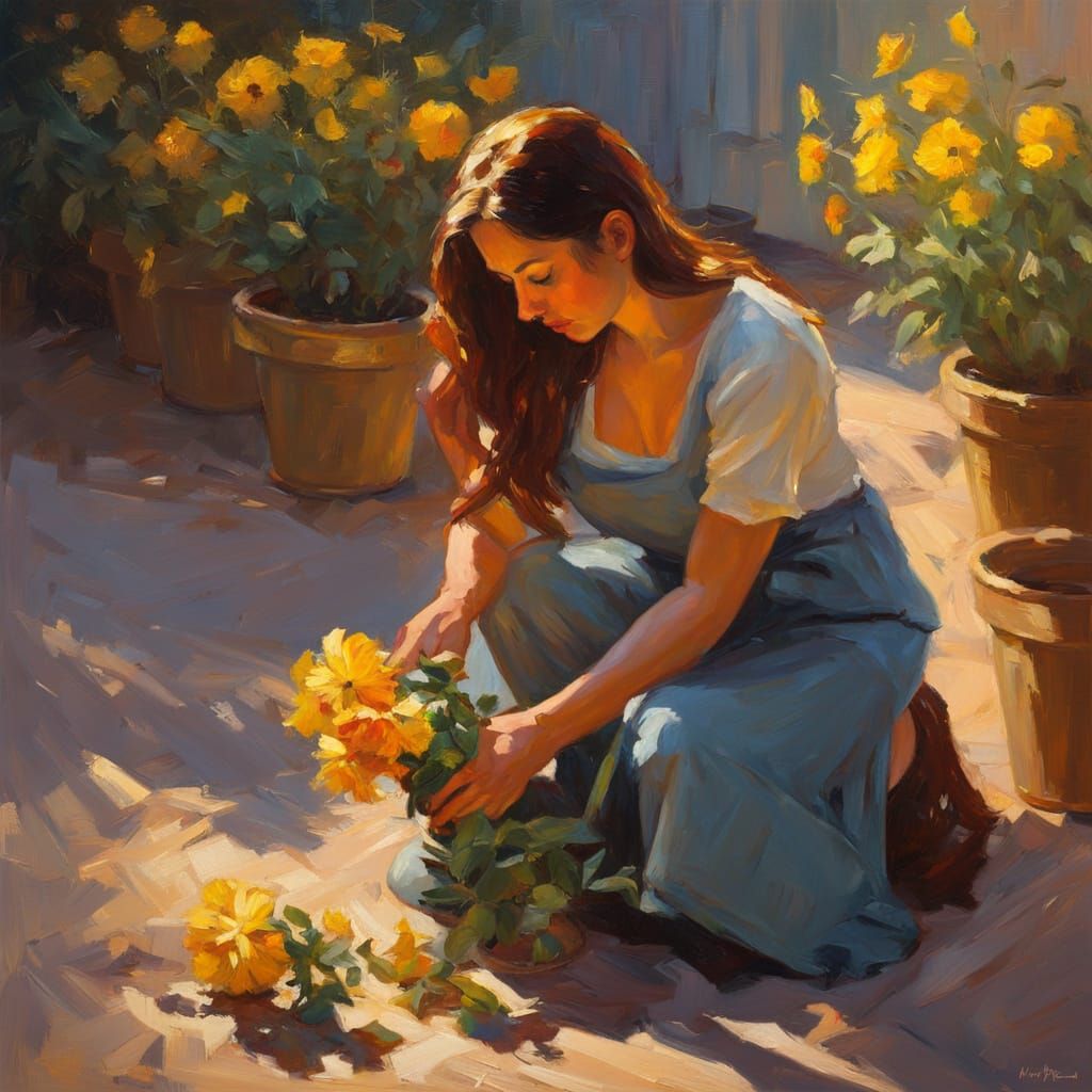 Impressionist Painting of Woman with Broken Flower Pot