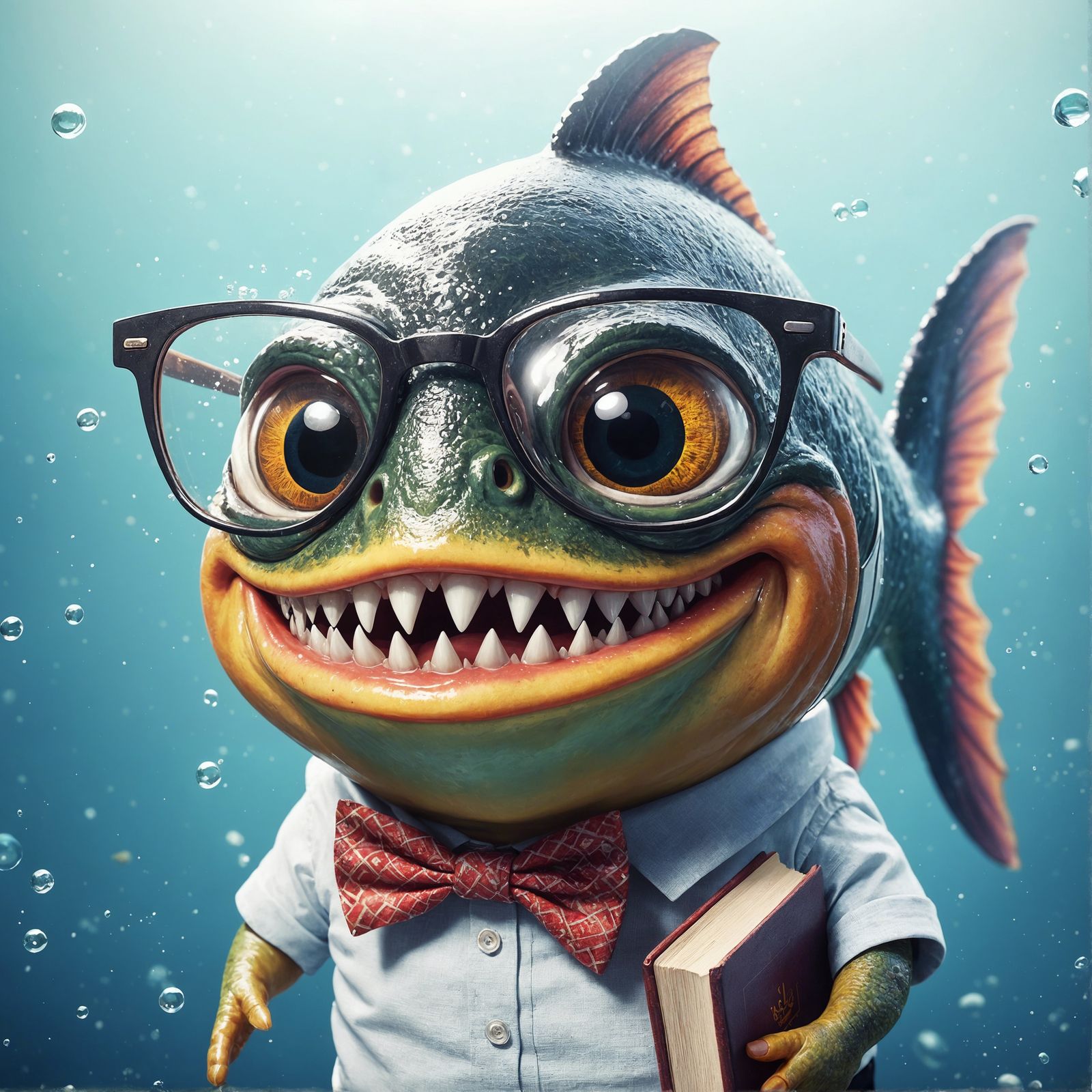 Nerdy Piranha Smiles Underwater: A CGI Oil Painting