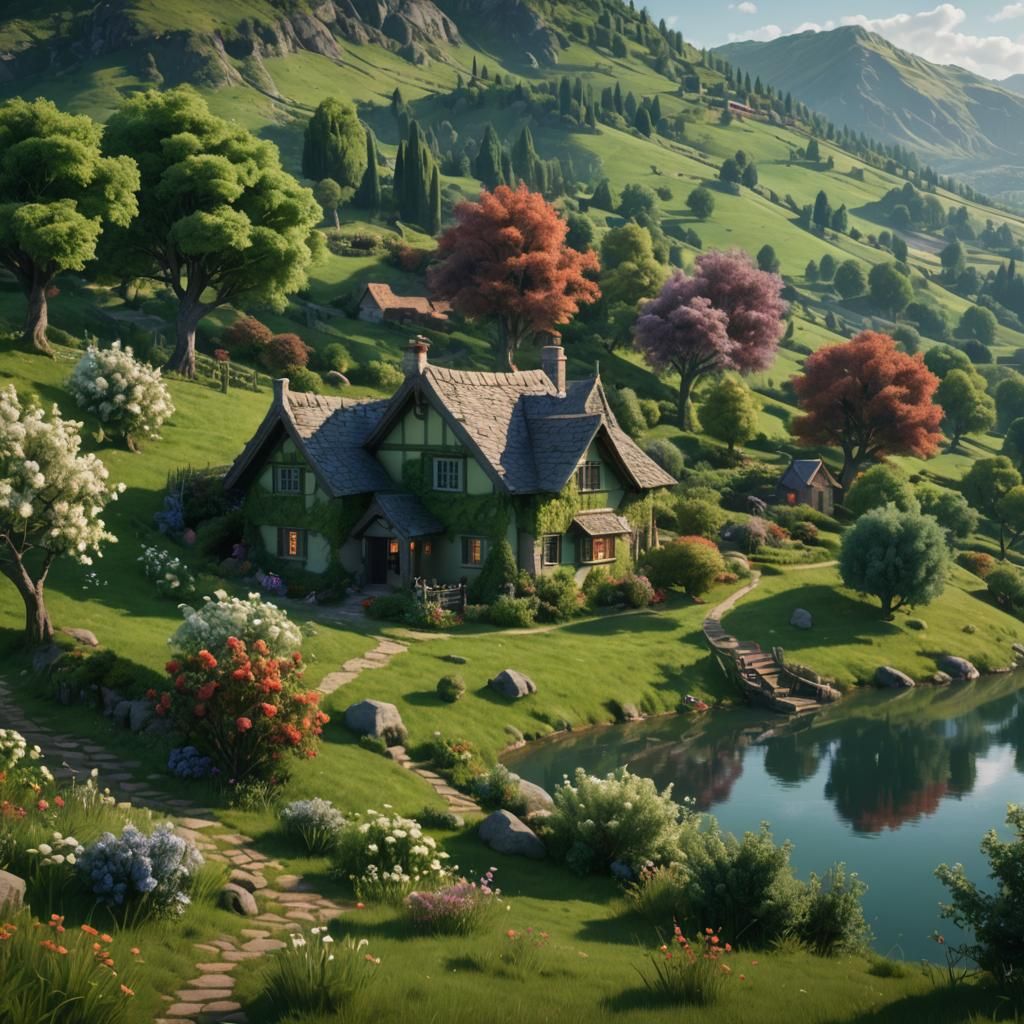 Idyllic Cottage on Green Hill: Fantasy Art