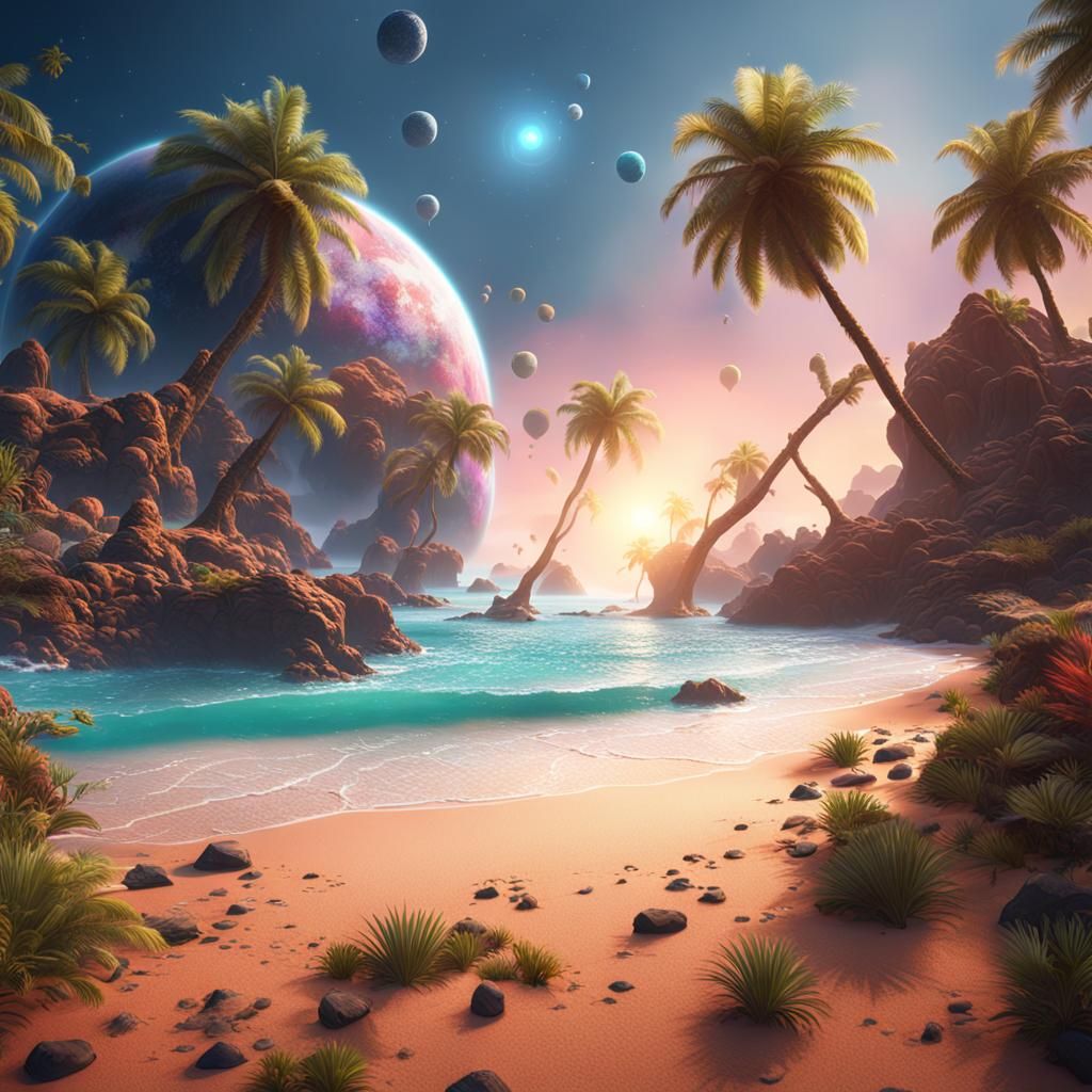 Tropical Space Beach Planet: Detailed Matte Painting