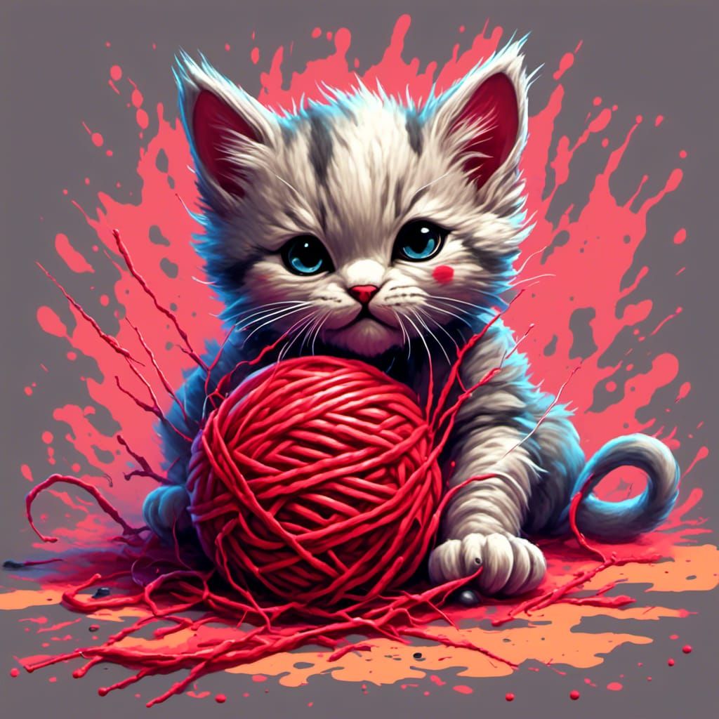 Cute Chibi Kitten Plays with Yarn in Graffiti Art