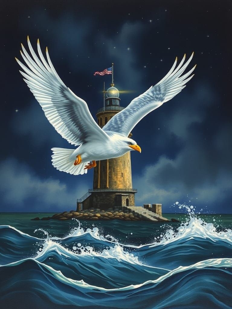 Bald Eagle Soaring Around Lighthouse at Night