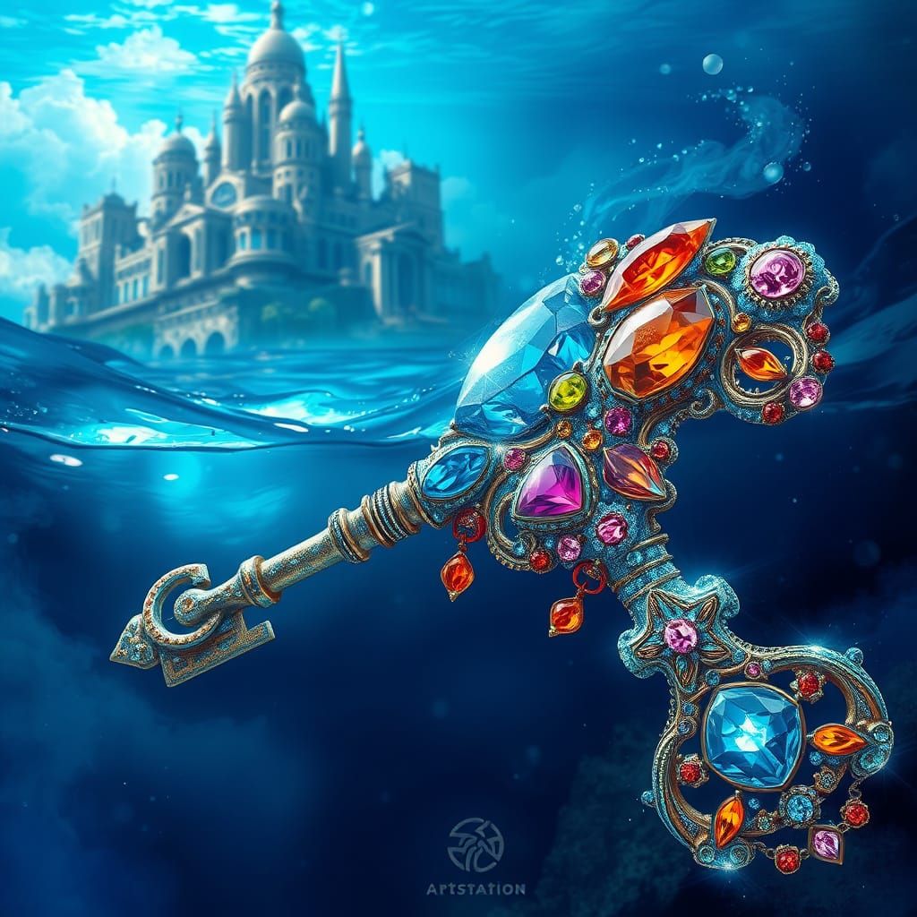 Gems and Crystals Glass Key in Atlantis, Fantasy Art