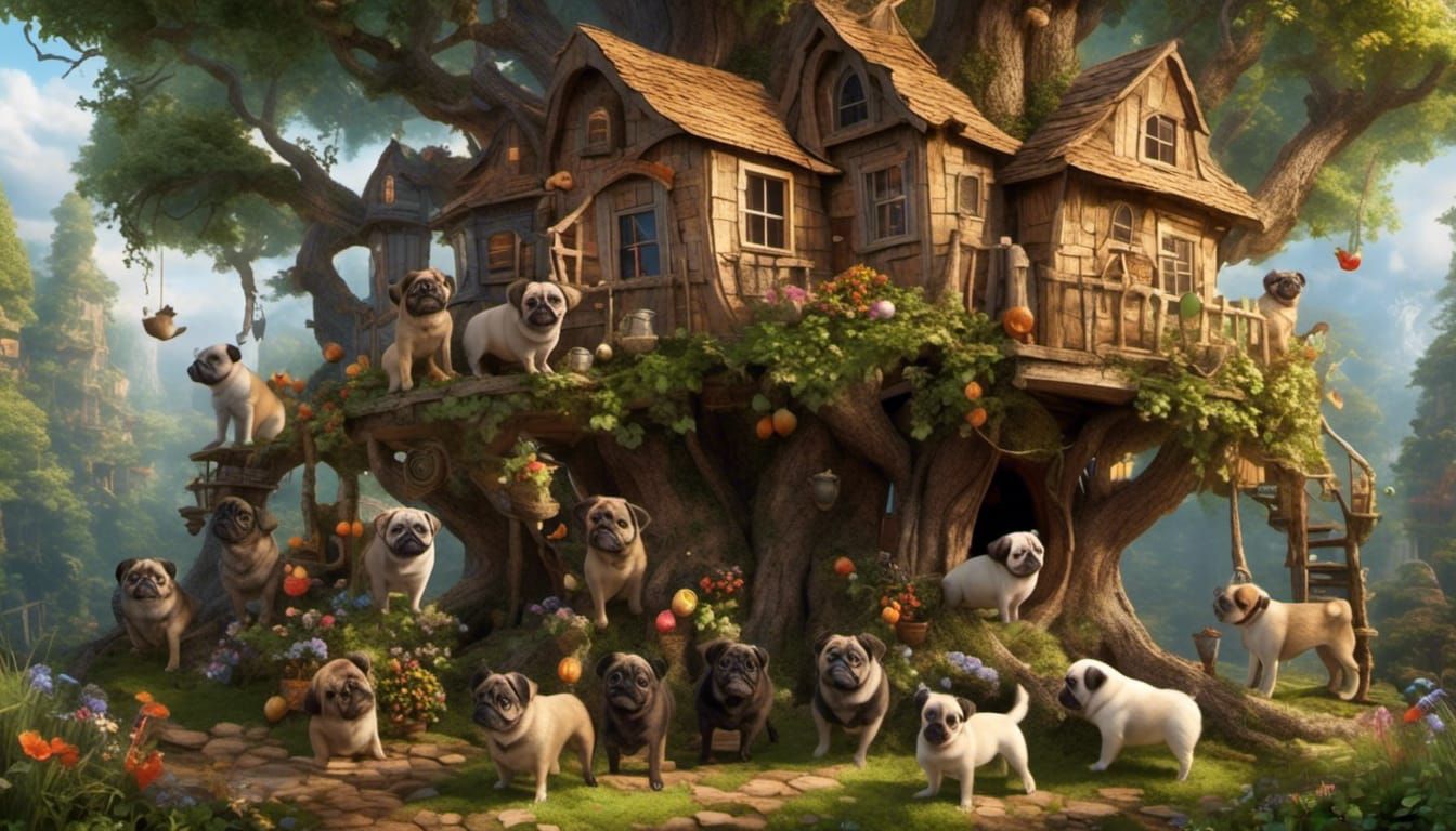 Pugs in Realistic Treehouse Interior