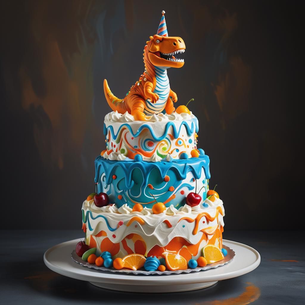 Dinosaur Birthday Cake: Wayne Thiebaud Style Oil Painting