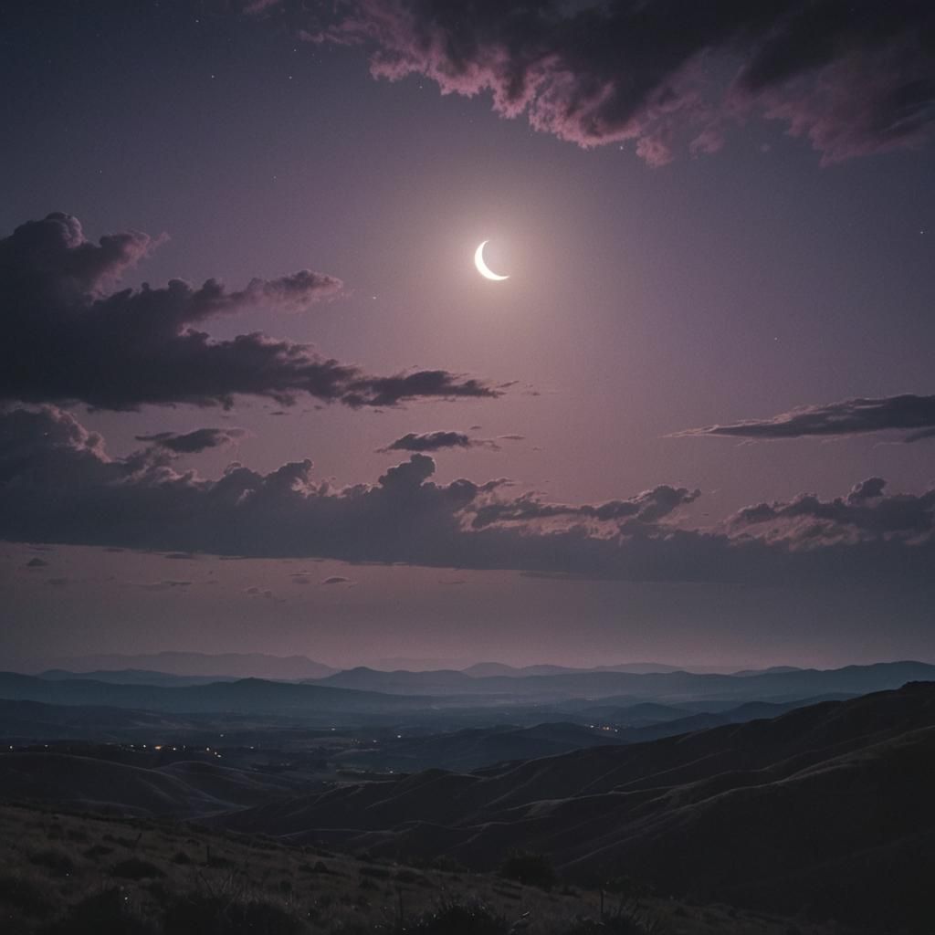 Crescent Moon Over Dark Cinematic Landscape