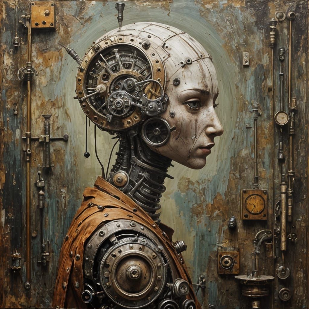 Felt Robot Portrait with Wooden Clockwork, Impasto Oil Paint...