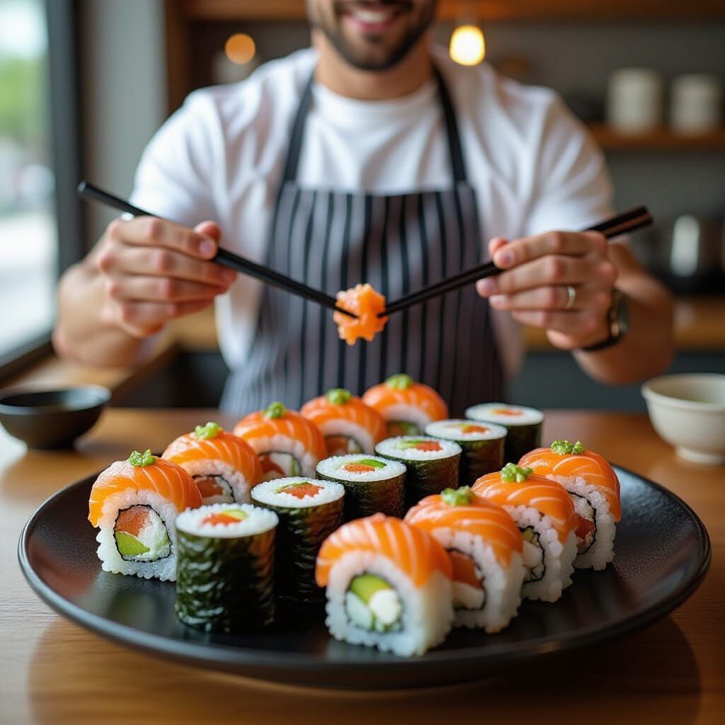 Vibrant Sushi Still Life in Hyperrealistic Style