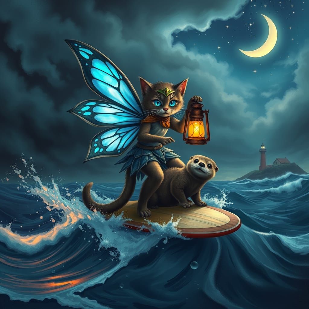 Cat Fairy Guides Otter Through Stormy Seas